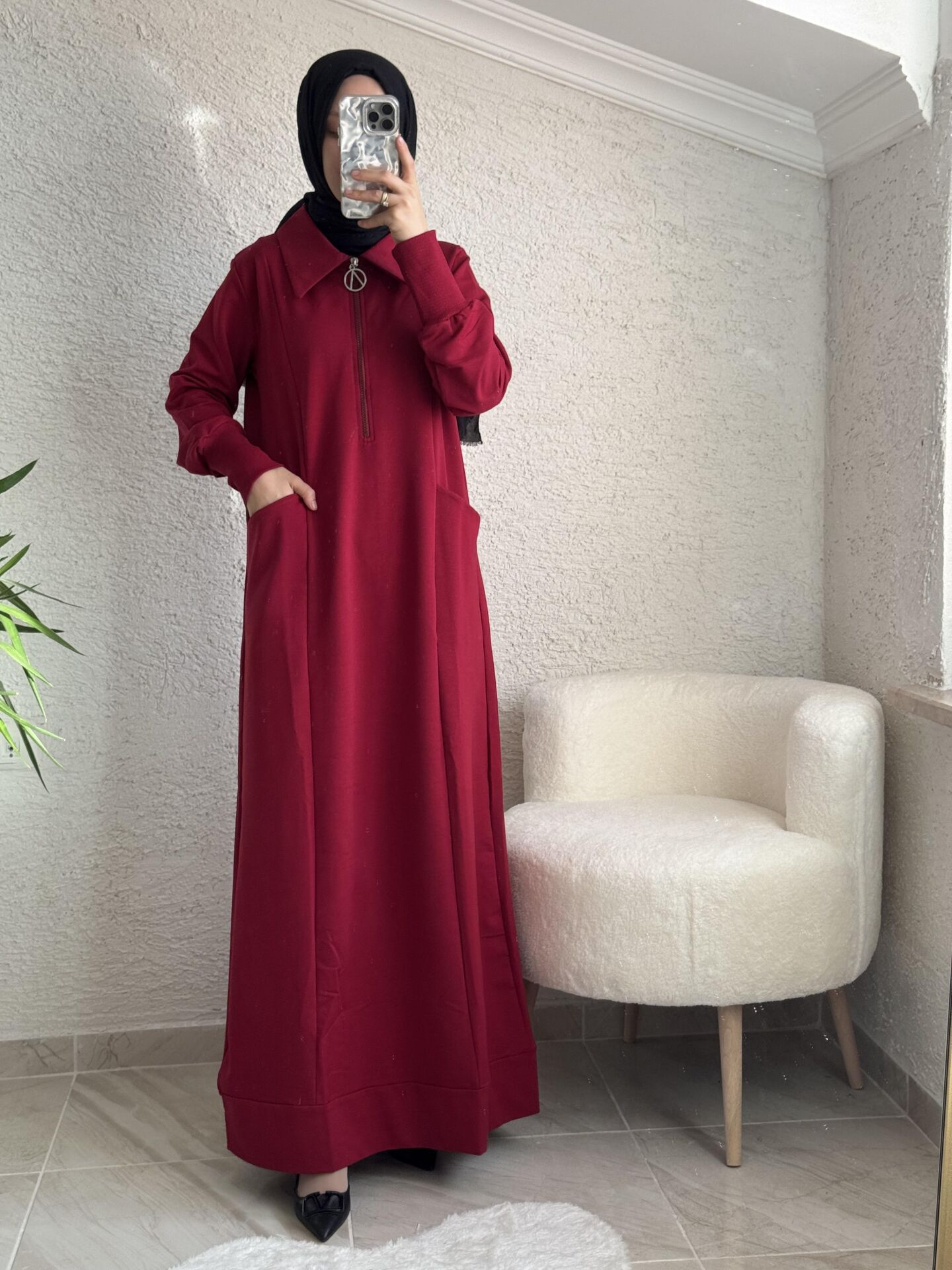 FERMUAR DETAYLI ELBİSE BORDO