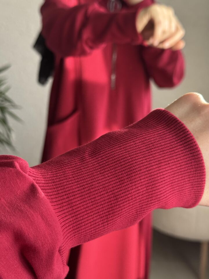 FERMUAR DETAYLI ELBİSE BORDO
