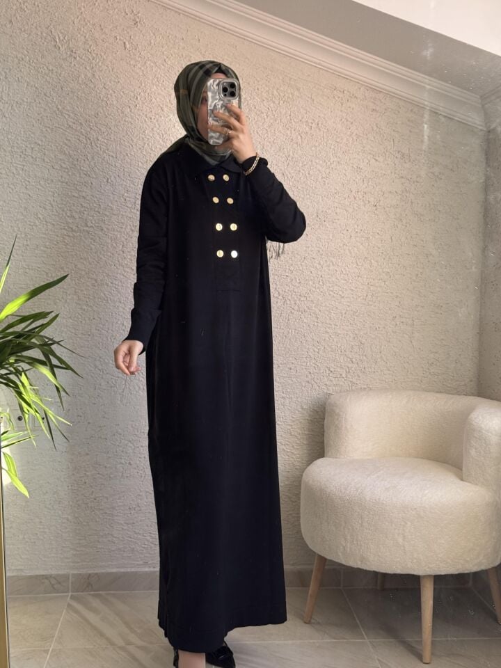 DÜĞME DETAYLI MERSERİZE ELBİSE SİYAH