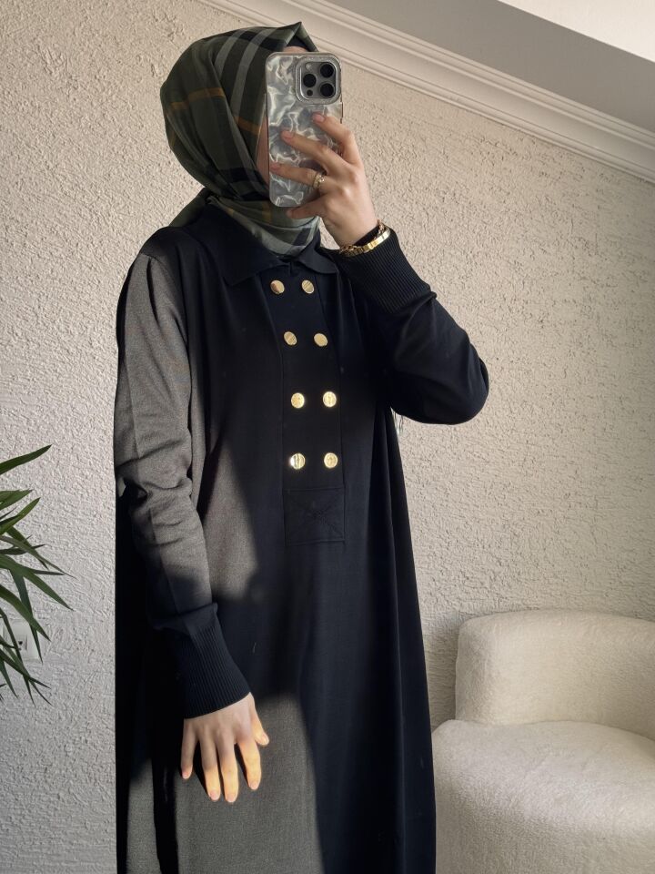 DÜĞME DETAYLI MERSERİZE ELBİSE SİYAH
