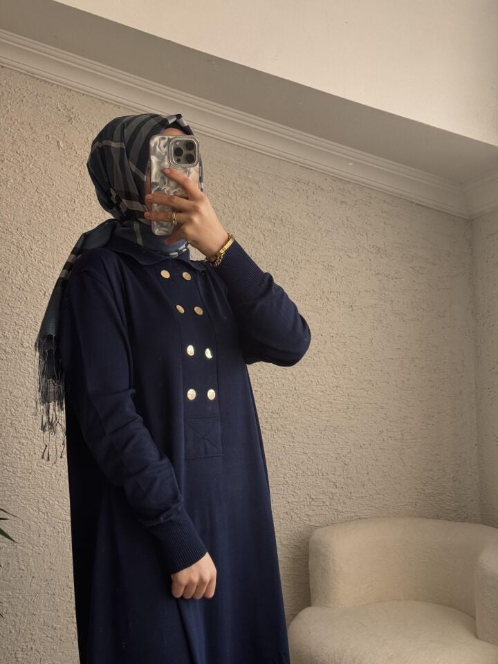DÜĞME DETAYLI MERSERİZE ELBİSE LACİVERT