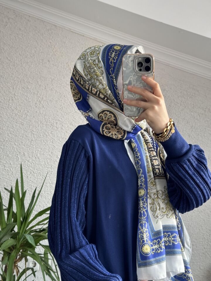 VERSACE DESEN PAMUKLU ŞAL SAKS MAVİ
