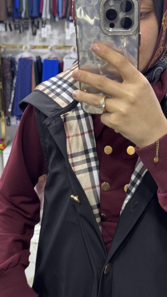 Burbery desen astarlı yelek SİYAH