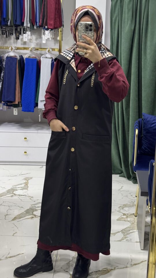 Burbery desen astarlı yelek SİYAH