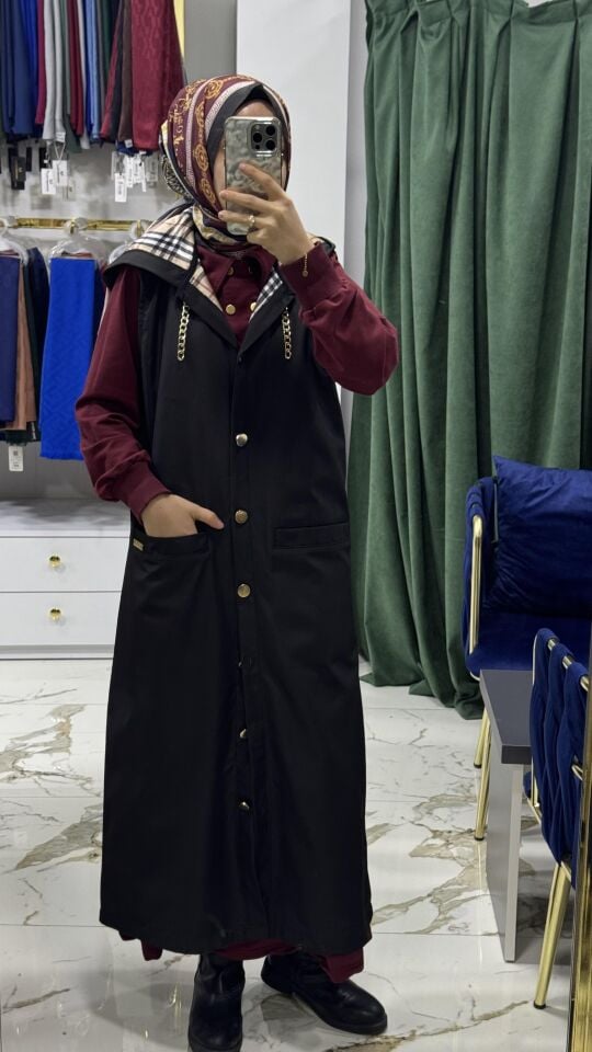 Burbery desen astarlı yelek SİYAH