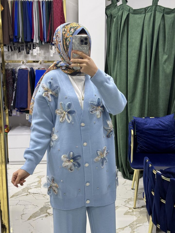 ÇİÇEK İŞLEMELİ PANTOLONLU TAKIM Mavi