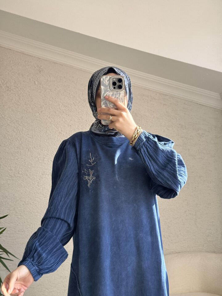 3350 YAPRAK DESEN İŞLEMELİ TAM BOY ELBİSE