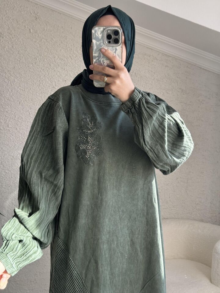 3350 YAPRAK DESEN İŞLEMELİ TAM BOY ELBİSE YEŞİL