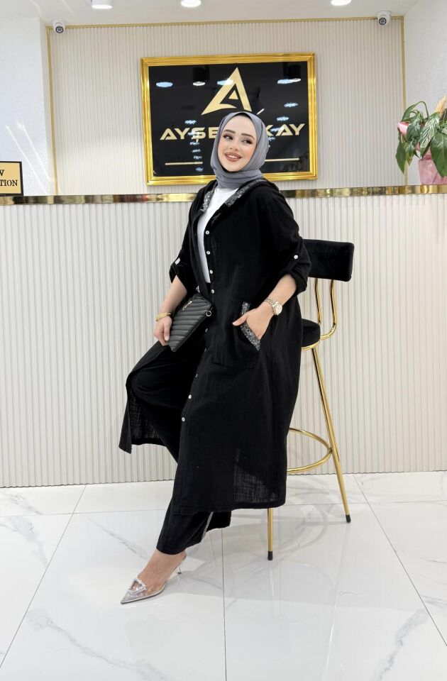 PAMUK KETEN KUMAŞ AİŞE TAKIM SİYAH RENK