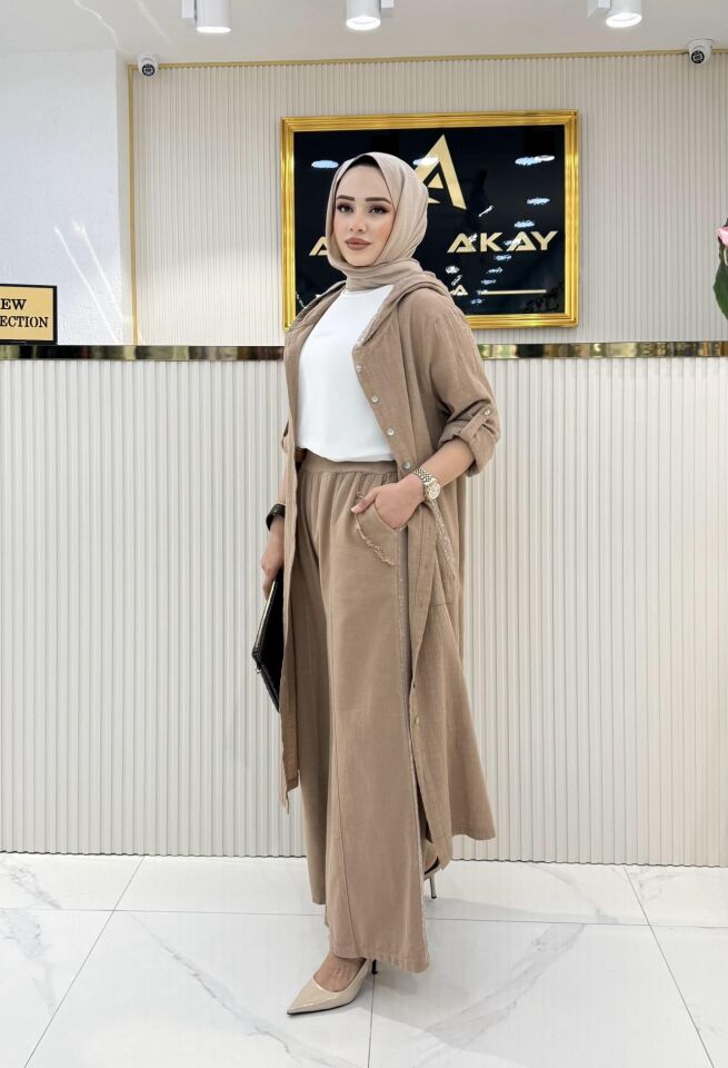 Pamuk keten kumaş AİŞE takım camel rengi