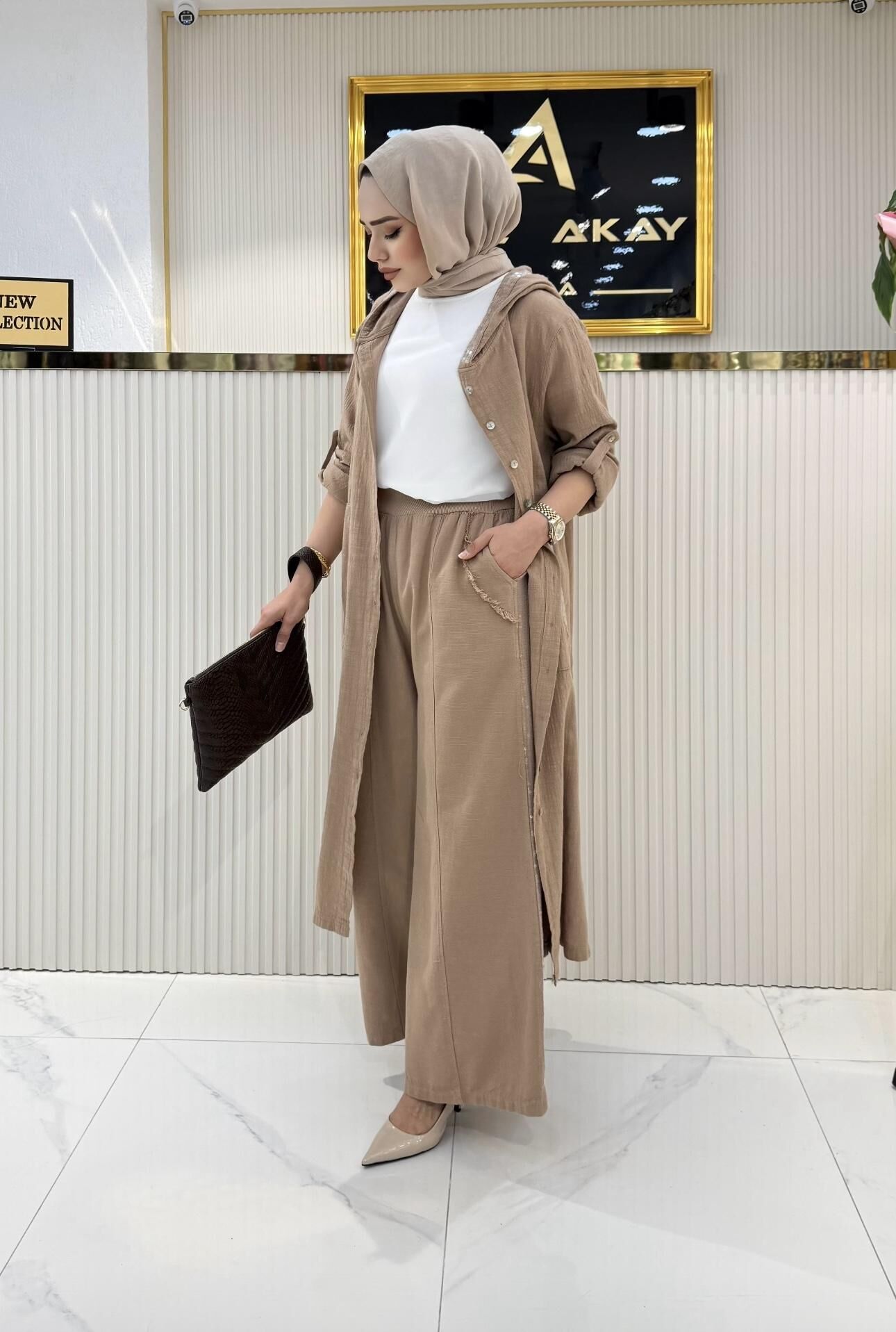 Pamuk keten kumaş AİŞE takım camel rengi