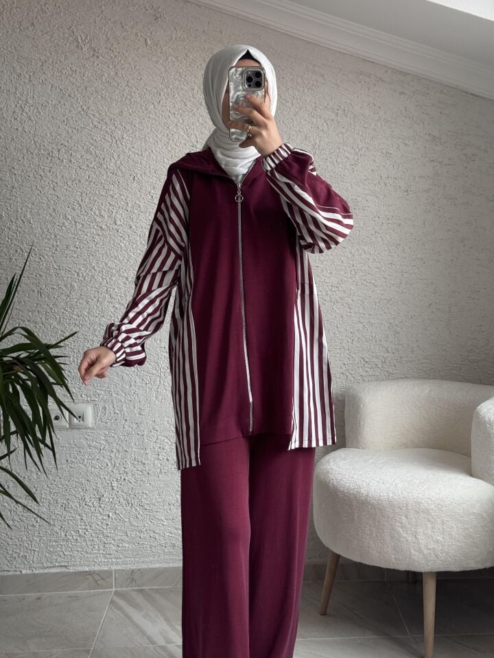 8259 CİZGİLİ OYSHO TAKIM BORDO