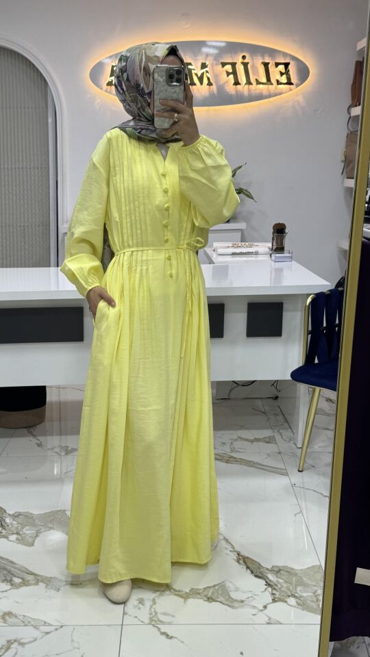 4572 NERWUR DETAYLI ELBİSE SARI