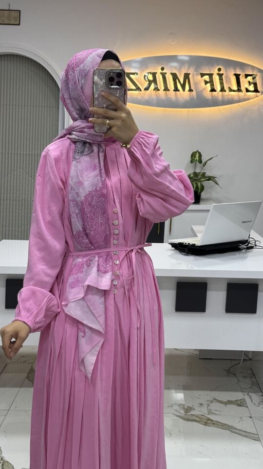 4572 NERWÜR DETAYLI ELBİSE PEMBE