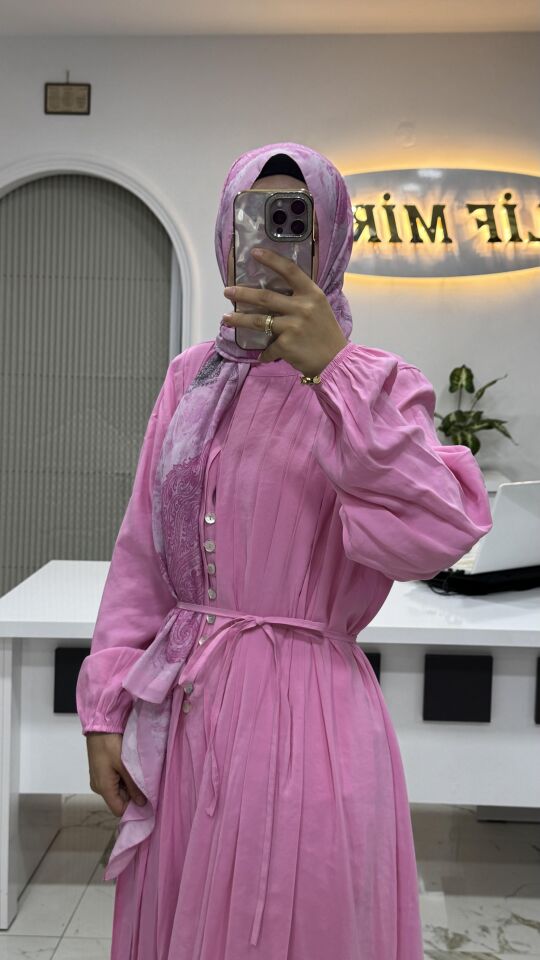 4572 NERWÜR DETAYLI ELBİSE PEMBE