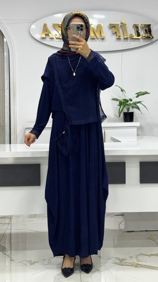 AYŞE AKAY FİLE DETAYLI ELBİSE İNDİGO