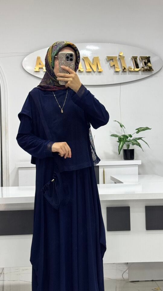 AYŞE AKAY FİLE DETAYLI ELBİSE İNDİGO
