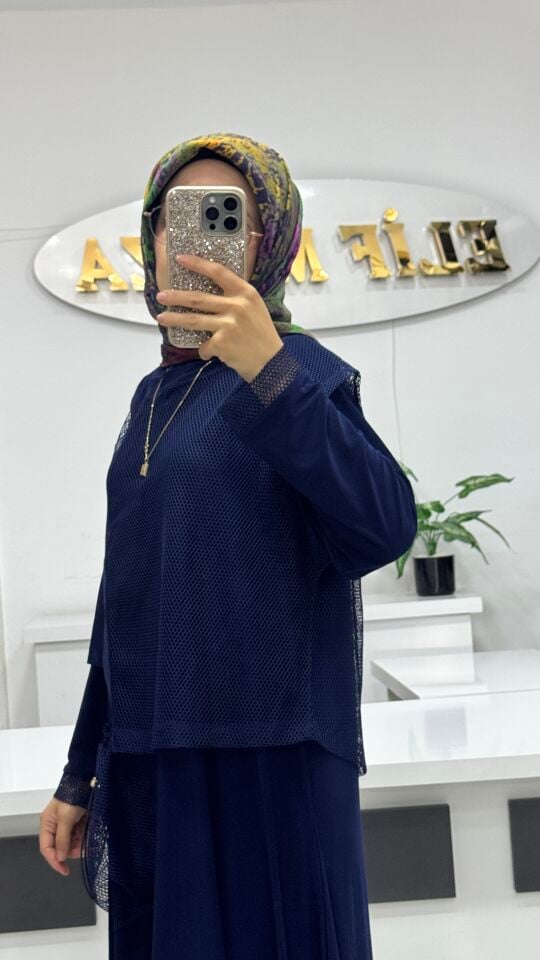 AYŞE AKAY FİLE DETAYLI ELBİSE İNDİGO