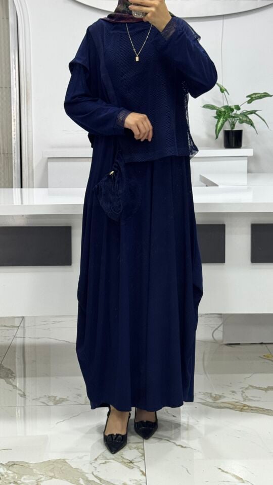 AYŞE AKAY FİLE DETAYLI ELBİSE İNDİGO