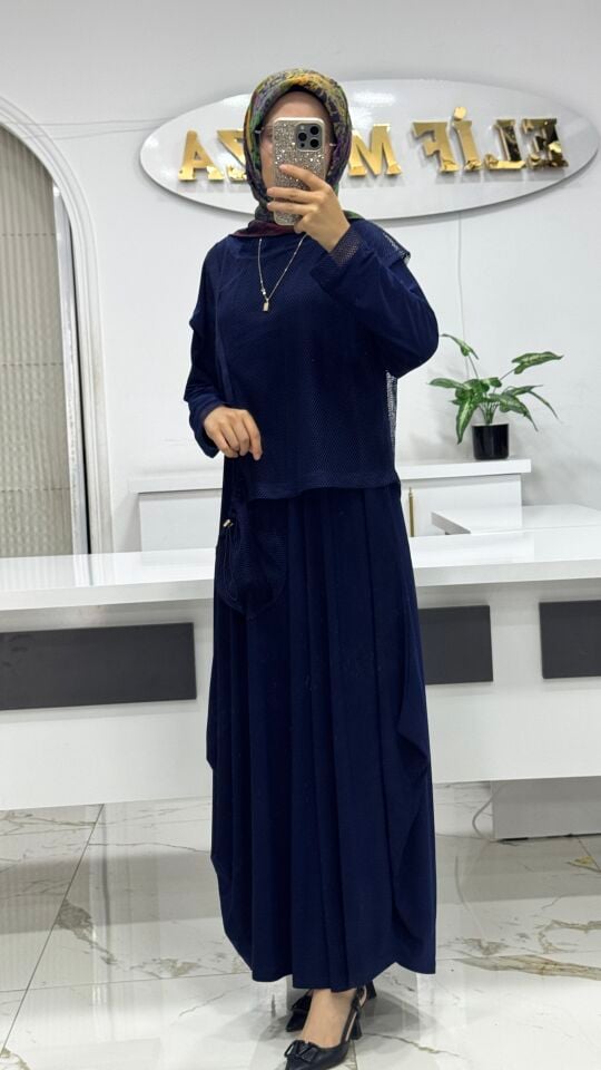 AYŞE AKAY FİLE DETAYLI ELBİSE İNDİGO
