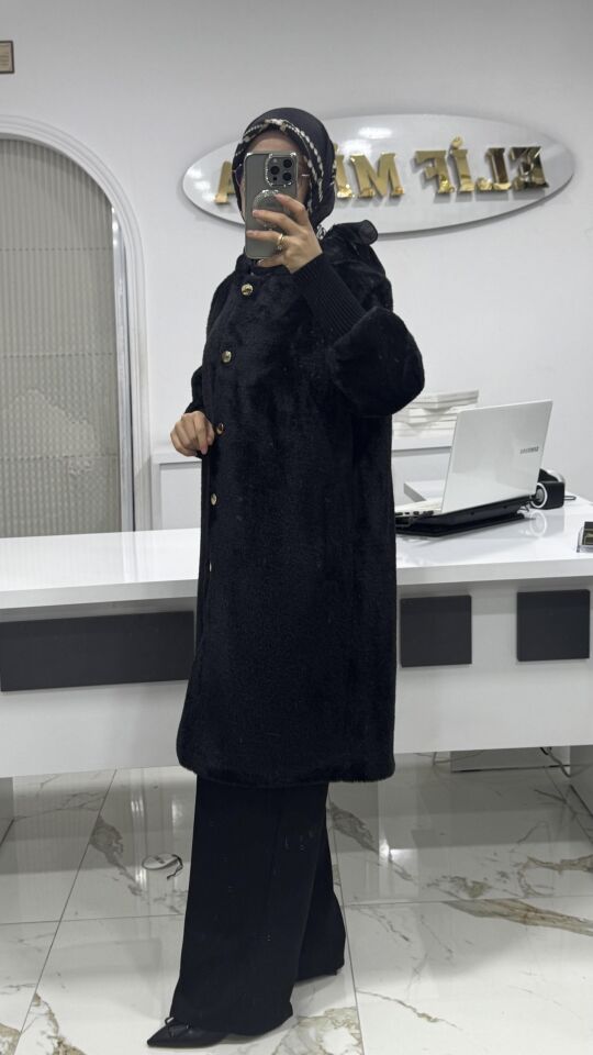 DÜĞME DETAYLI ANGORA KABAN SİYAH