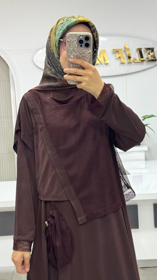 AYŞE AKAY FİLE DETAYLI ELBİSE KAHVE