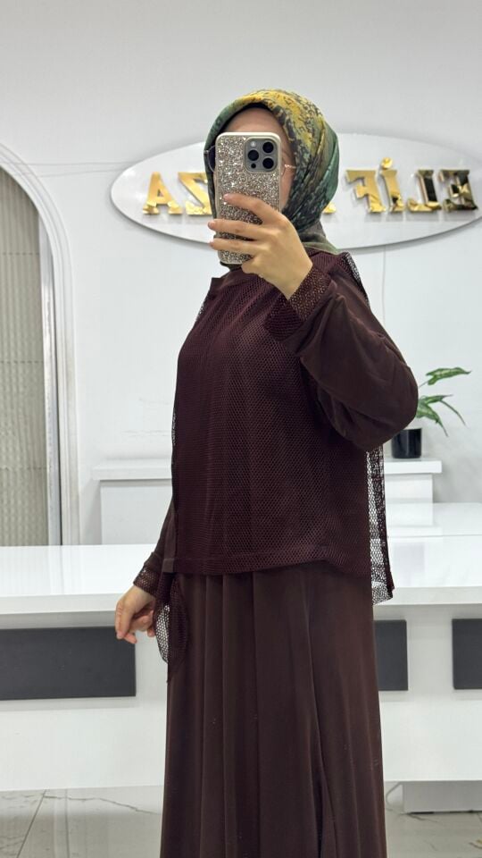 AYŞE AKAY FİLE DETAYLI ELBİSE KAHVE