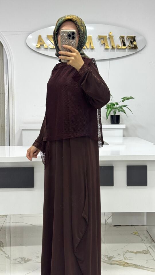 AYŞE AKAY FİLE DETAYLI ELBİSE KAHVE