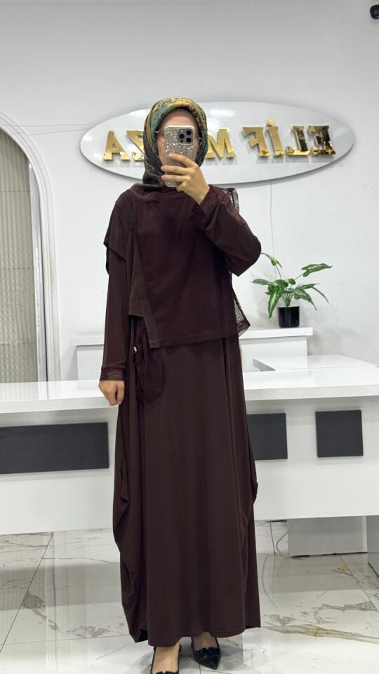 AYŞE AKAY FİLE DETAYLI ELBİSE KAHVE