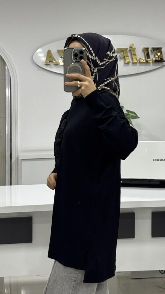 GÜL DETAYLI MERSERİZE TUNİK Siyah