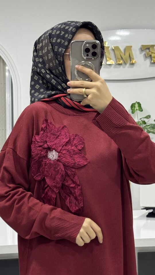 GÜL DETAYLI MERSERİZE TUNİK BORDO