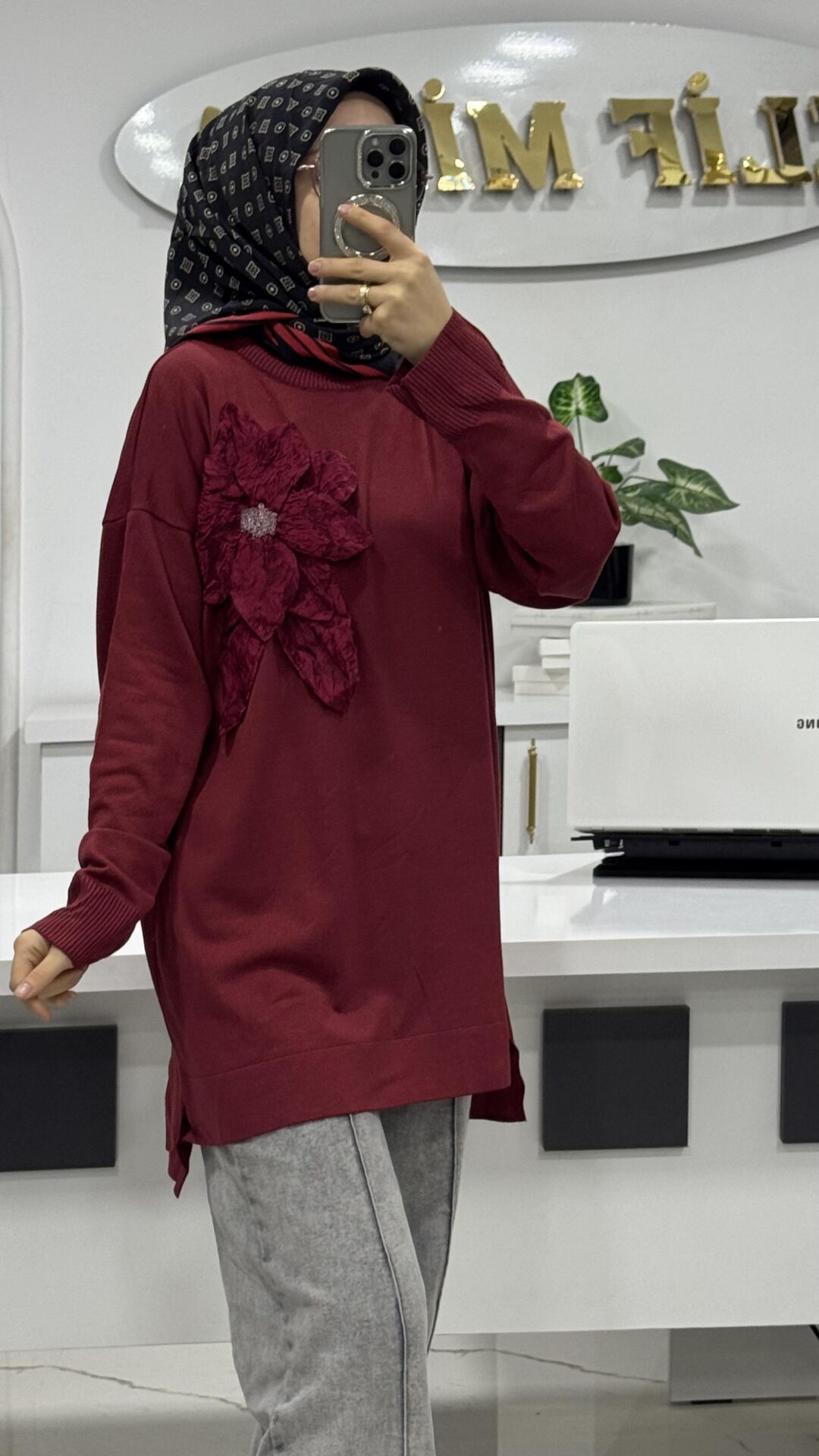 GÜL DETAYLI MERSERİZE TUNİK BORDO