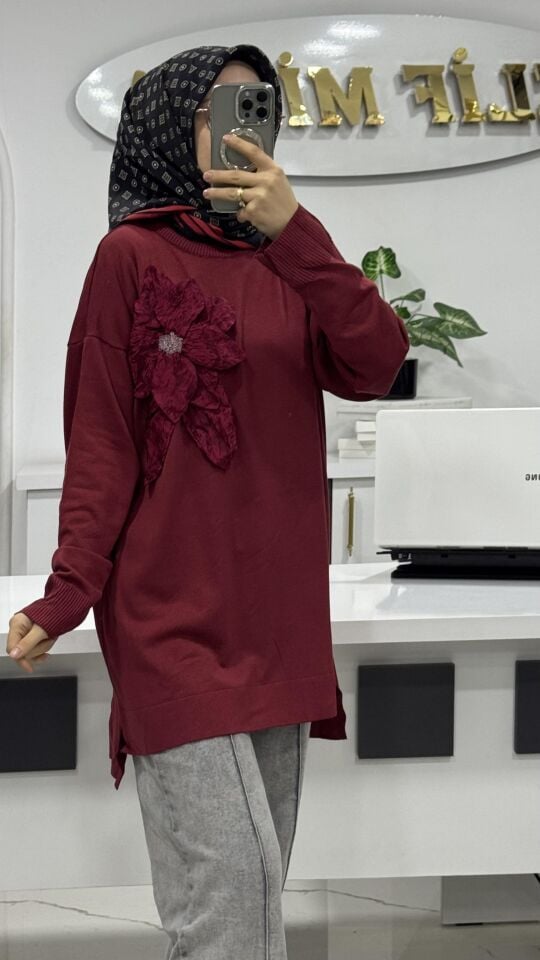 GÜL DETAYLI MERSERİZE TUNİK BORDO