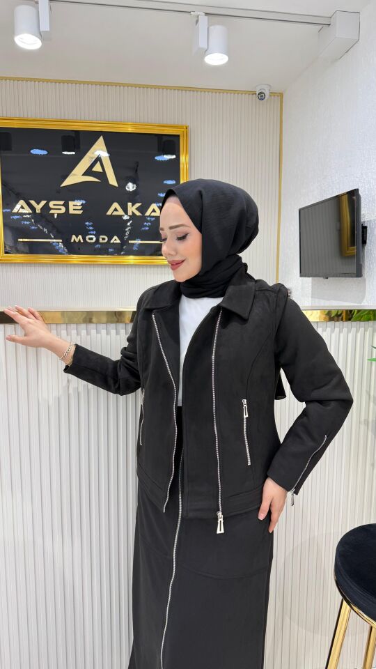 SÜET ETEK CEKET TAKIM SİYAH