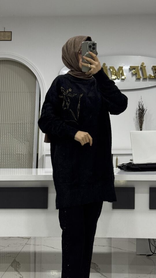 İŞLEME DETAYLI ANGORA KAZAK Siyah