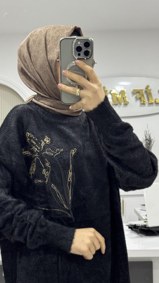 İŞLEME DETAYLI ANGORA KAZAK Siyah