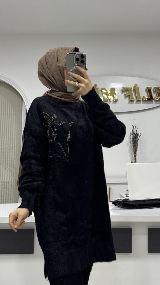 İŞLEME DETAYLI ANGORA KAZAK Siyah