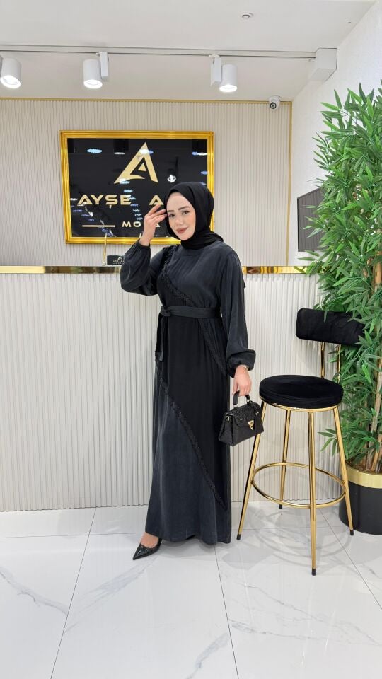 AYŞE AKAY İPEk QUPRA ELBİSE SİYAH