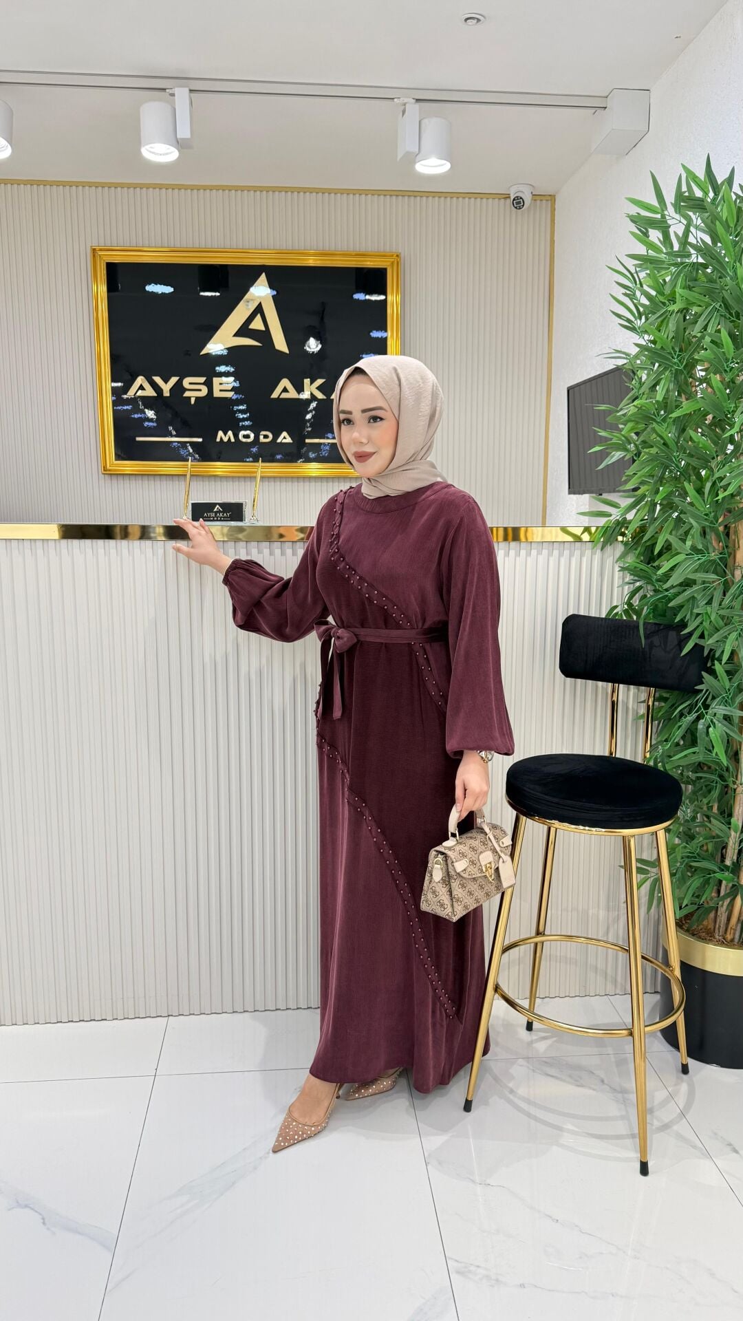 AYŞE AKAY İPEK QUPRA ELBİSE BORDO
