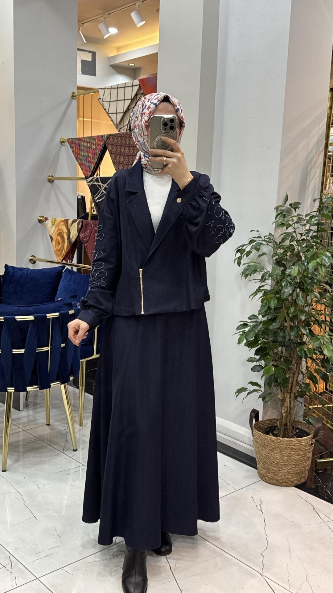 Marcha İşleme detaylı denim etekli takım