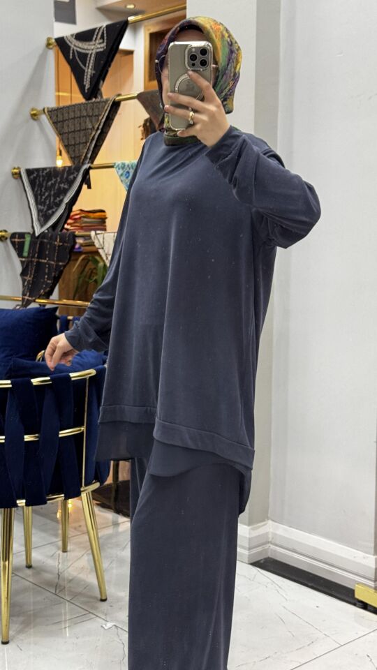 2256 MODAL ŞİFON DETAYLI TAKIM LACİVERT