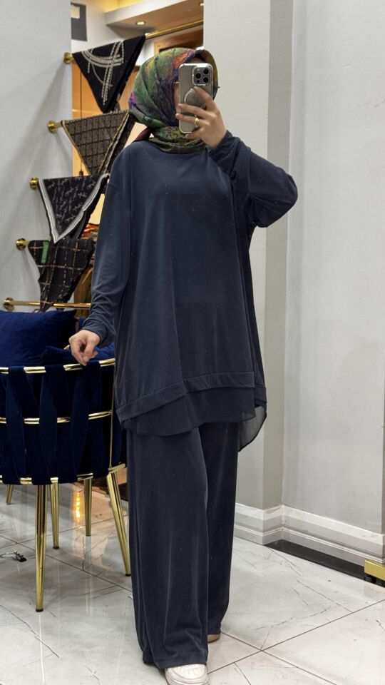 2256 MODAL ŞİFON DETAYLI TAKIM LACİVERT