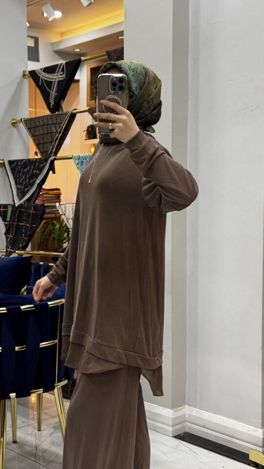 2256 MODAL ŞİFON DETAYLI TAKIM KAHVE