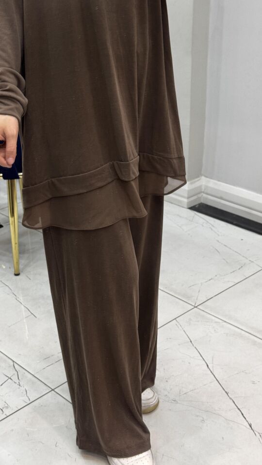 2256 MODAL ŞİFON DETAYLI TAKIM KAHVE