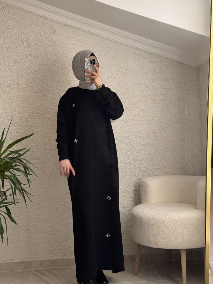 TAŞLI MERSERİZE ELBİSE SİYAH