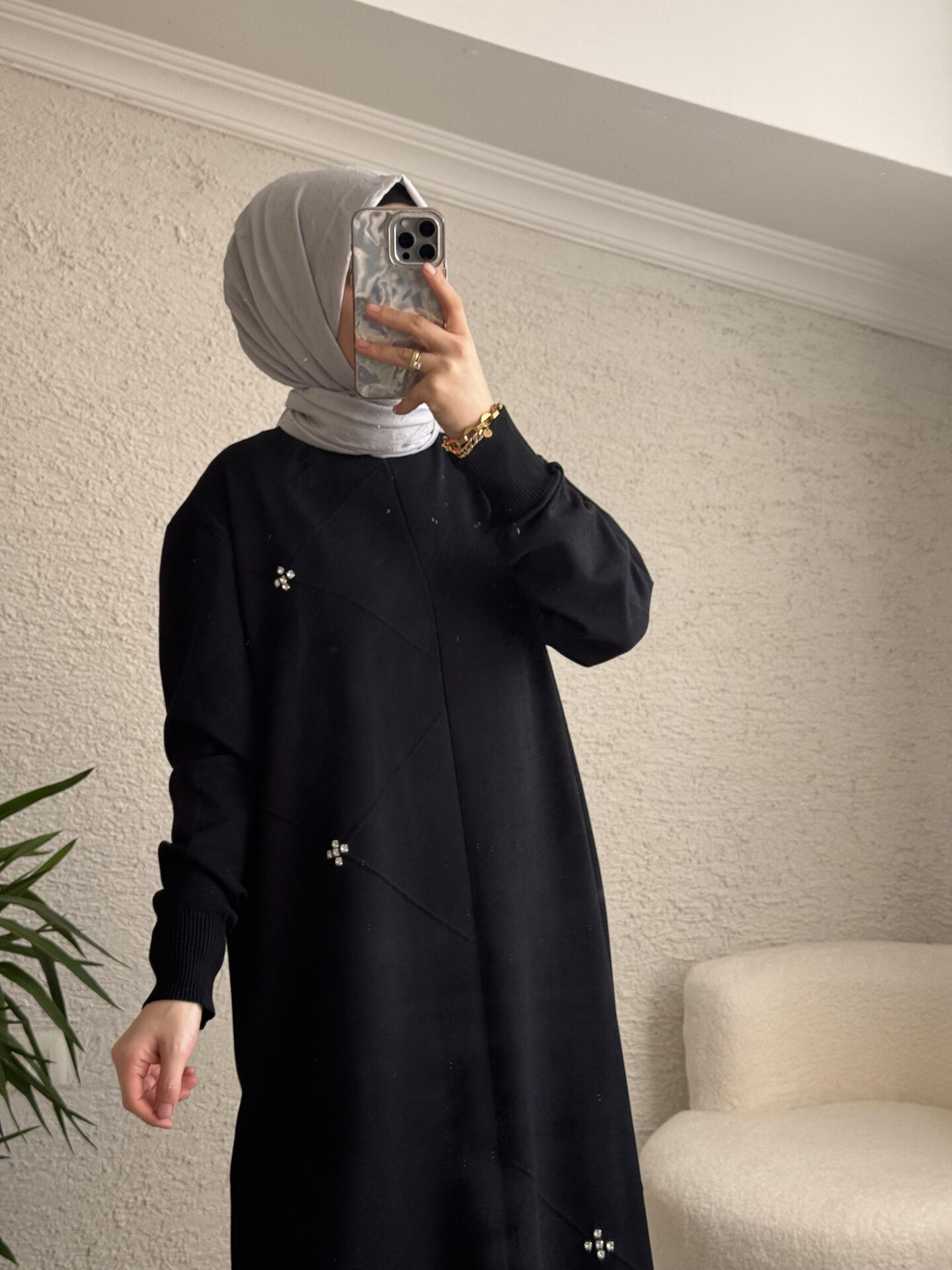 TAŞLI MERSERİZE ELBİSE SİYAH