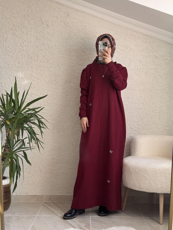 TAŞLI MERSERİZE ELBİSE BORDO