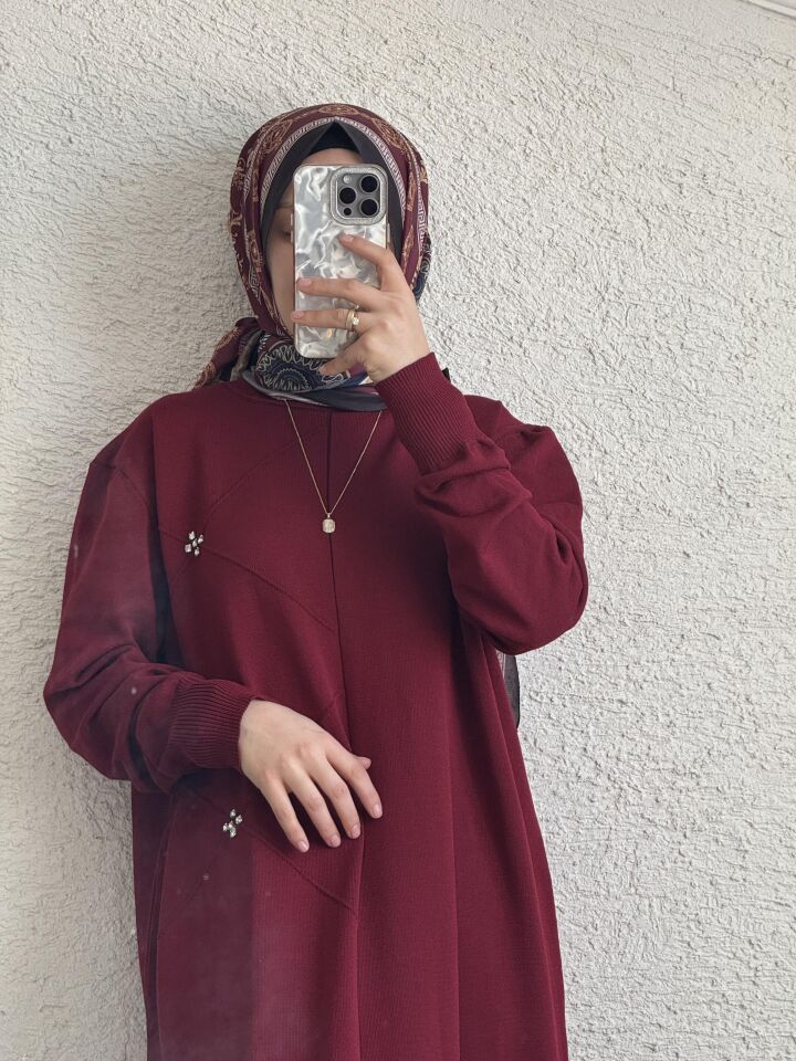 TAŞLI MERSERİZE ELBİSE BORDO