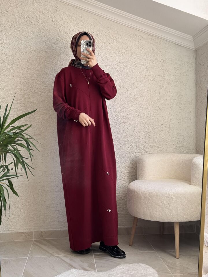 TAŞLI MERSERİZE ELBİSE BORDO